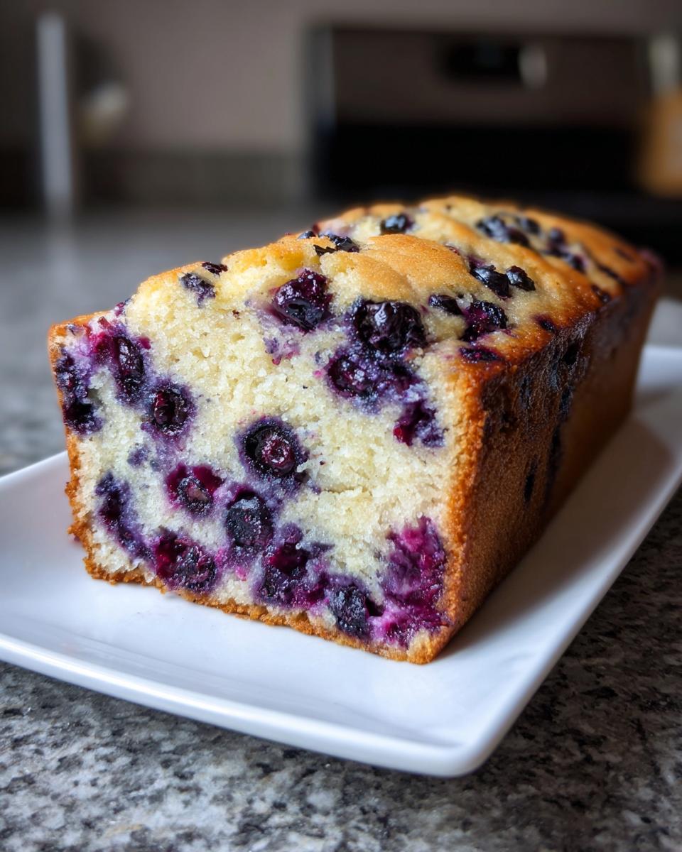 A freshly baked loaf of moist blueberry bread, studded with dark purple berries, resting on a white rectangular plate.