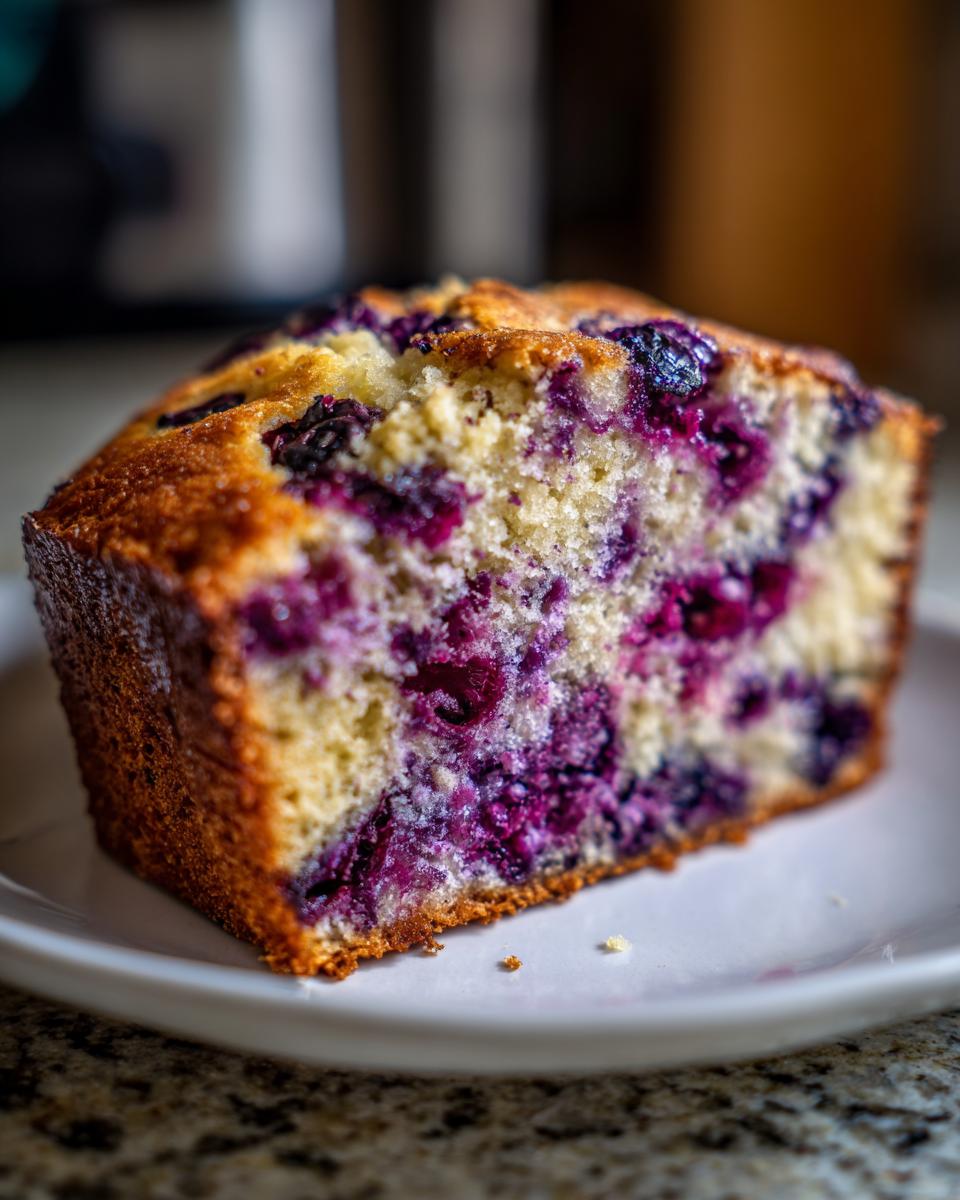 Close-up of a moist slice of homemade blueberry bread showing bright purple blueberries baked into the golden crumb.