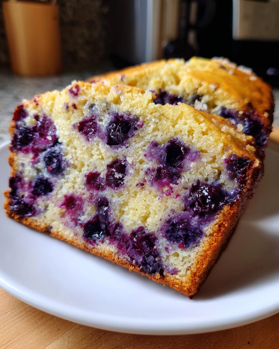 Close-up of two thick slices of moist blueberry bread showing bright purple berries throughout the golden crumb.