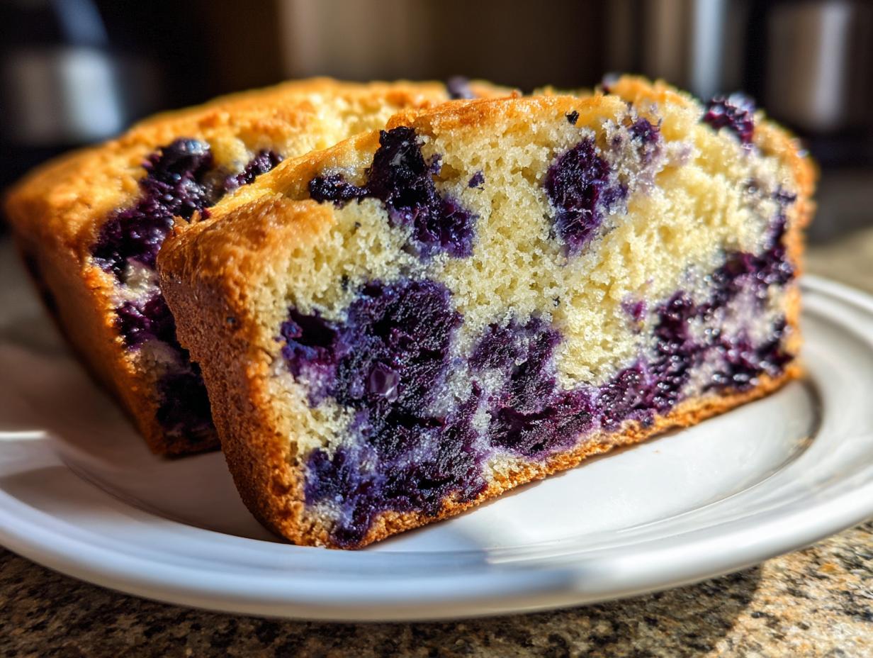 Close-up of two thick slices of moist blueberry bread showing a tender crumb packed with deep purple blueberries.