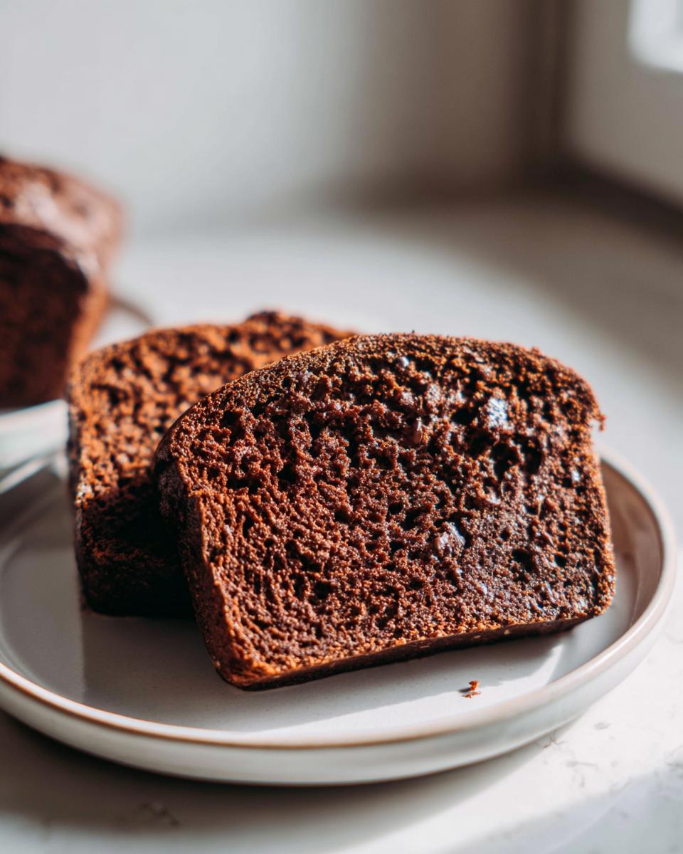 Two thick slices of moist, dark chocolate bread displayed on a light-colored plate.