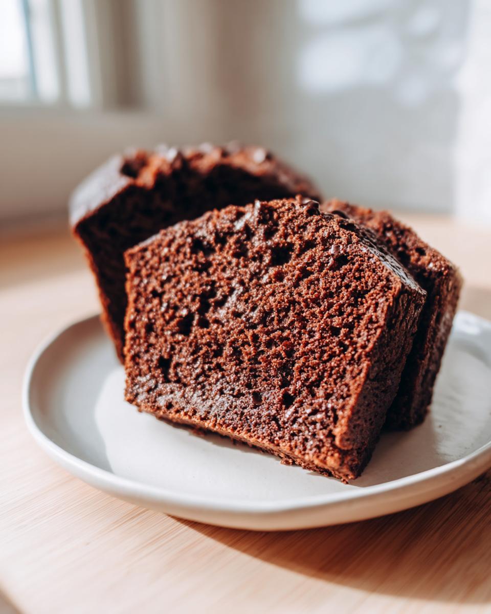 Close-up of two thick slices of moist chocolate bread with a rich, dark crumb texture served on a white plate.