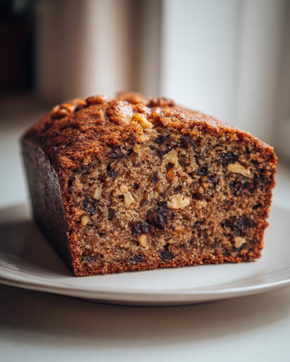 Close-up of a moist slice of date nut bread showing visible dates and walnuts baked inside.