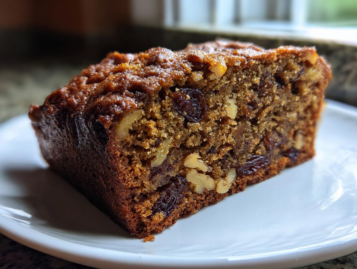 Close-up of a moist slice of date nut bread showing raisins and walnuts embedded in the rich brown crumb.