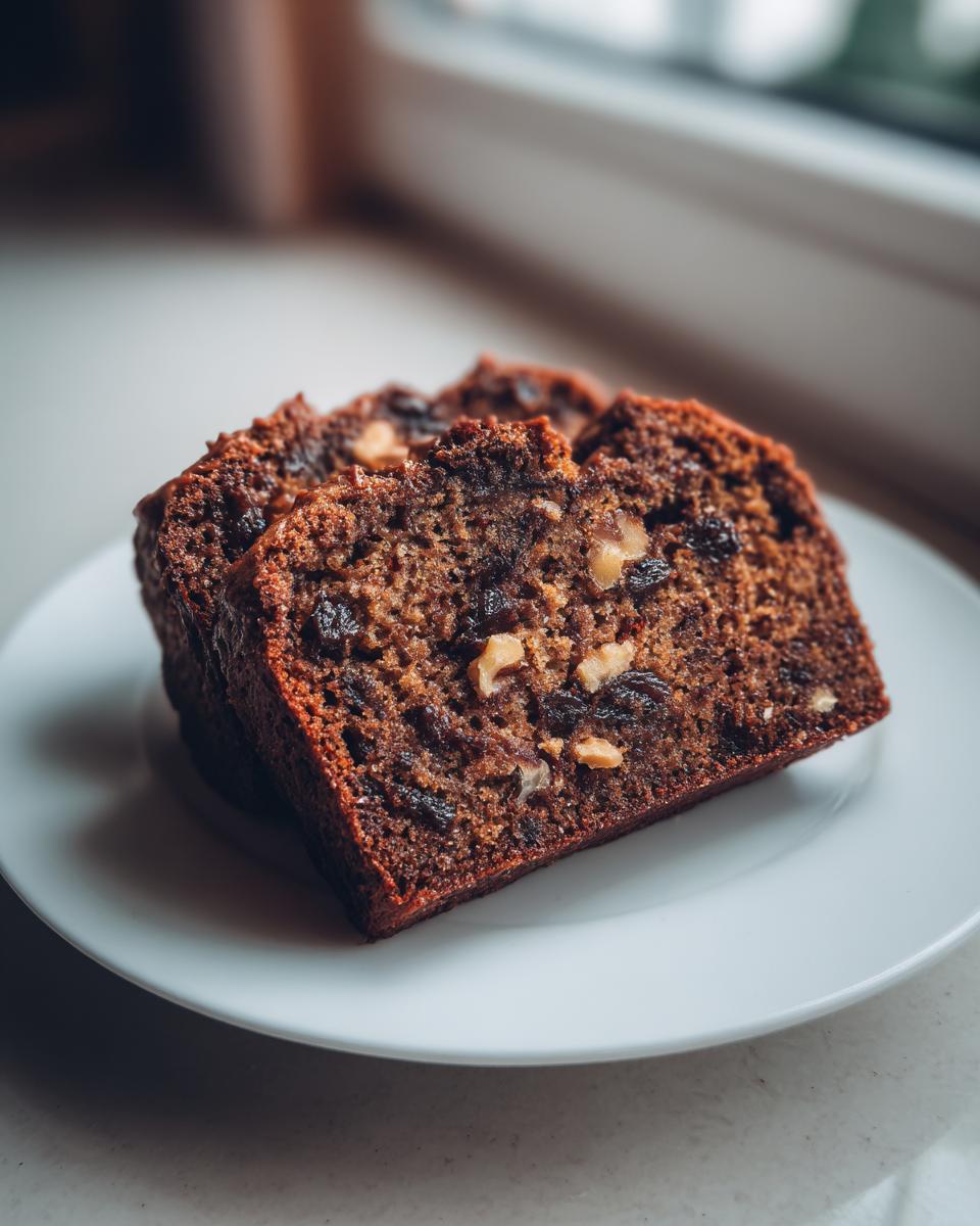 Two moist slices of dark date nut bread, studded with raisins and walnuts, served on a white plate.