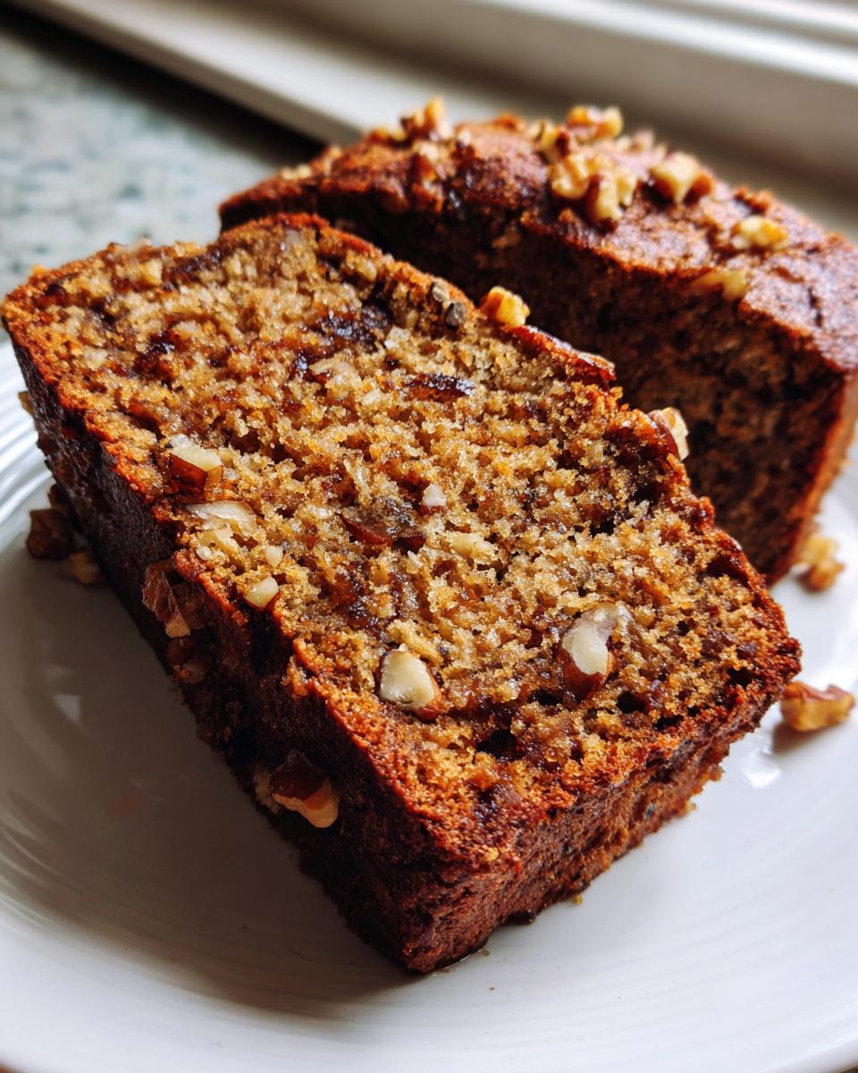 Close-up of two thick slices of moist date nut bread, studded with chopped nuts, served on a white plate.