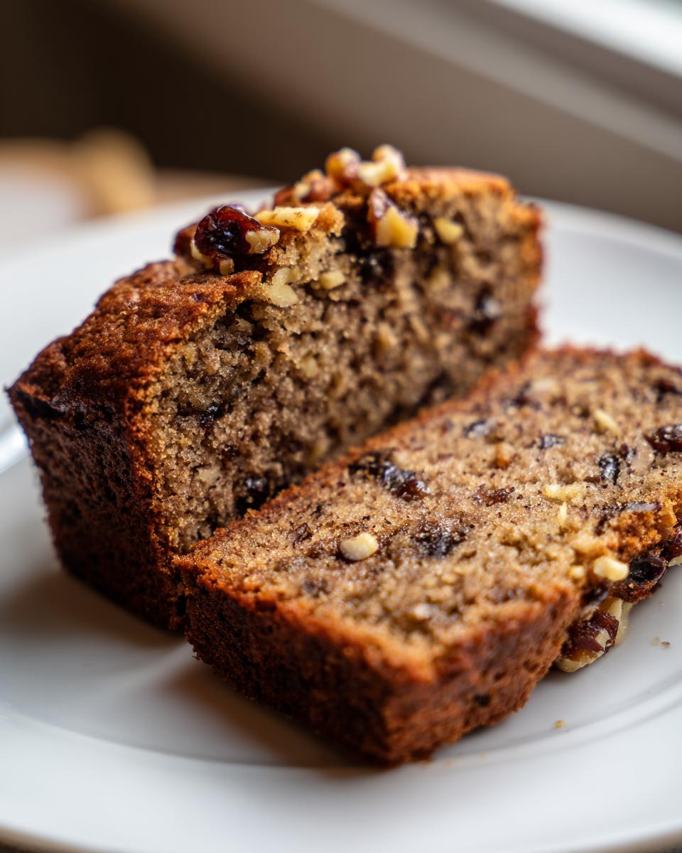 Two thick slices of moist date nut bread, topped with walnuts and dried fruit, resting on a white plate.
