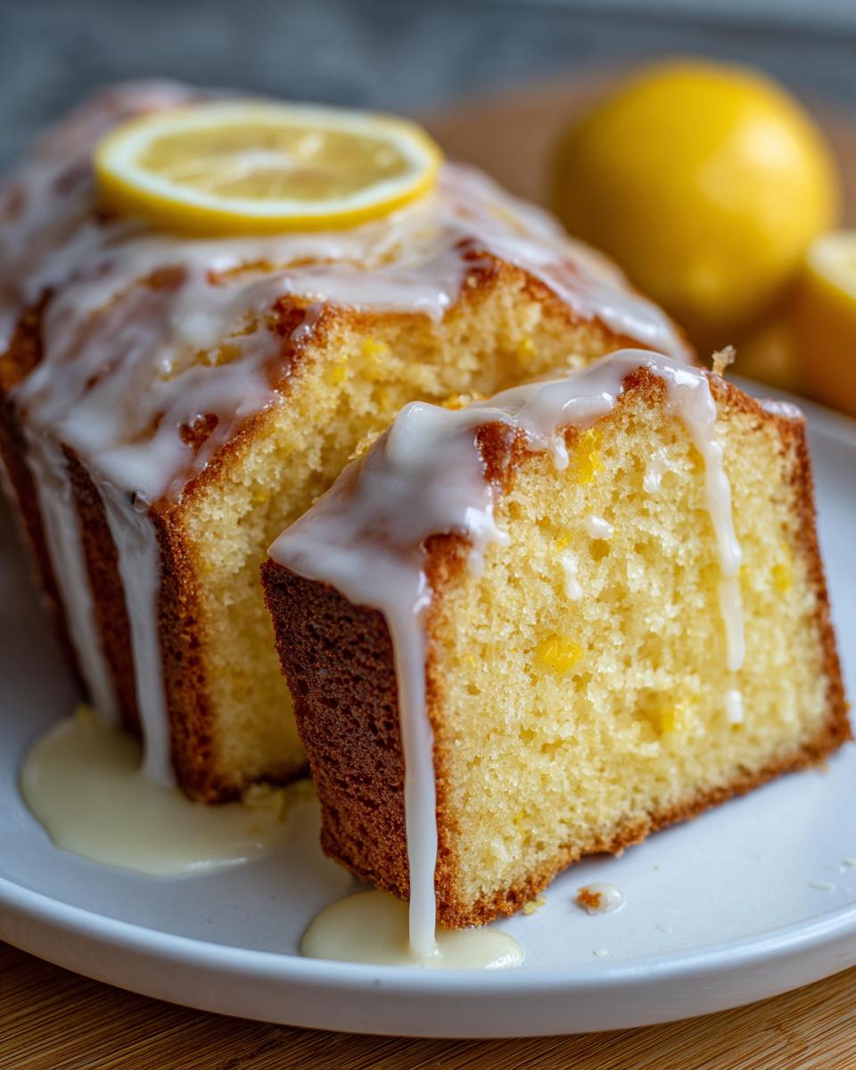 Close-up of a slice of moist lemon pound cake covered in thick white glaze dripping onto a plate.