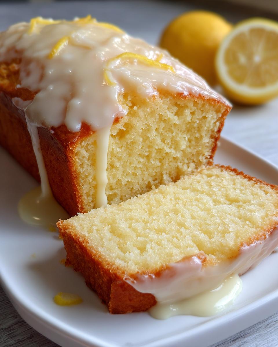 A slice cut from a moist lemon pound cake topped with thick, dripping lemon glaze and zest.