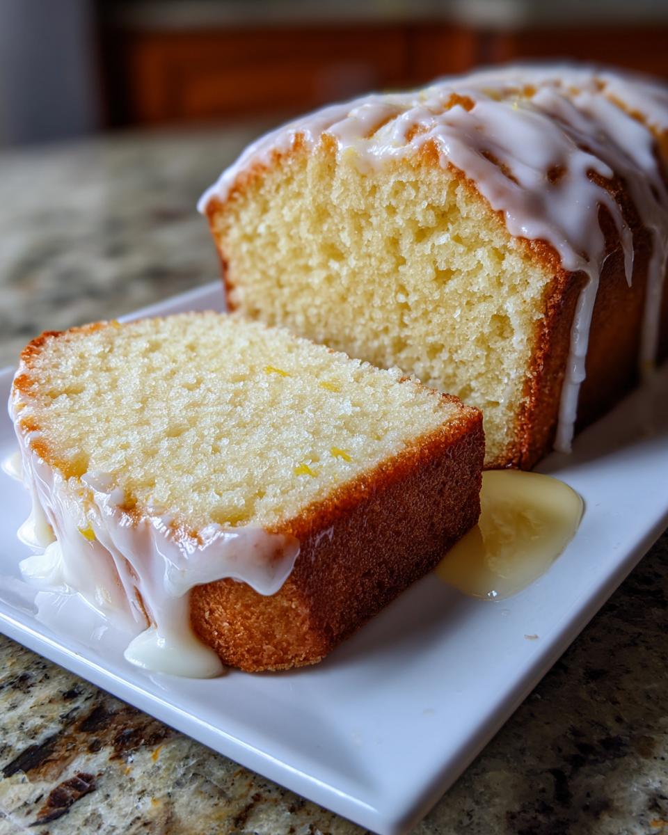 A slice cut from a loaf of moist lemon pound cake, heavily drizzled with white glaze, sitting on a white plate.