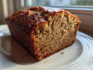 Close-up of a moist slice of freshly baked banana bread recipe loaf on a white plate.