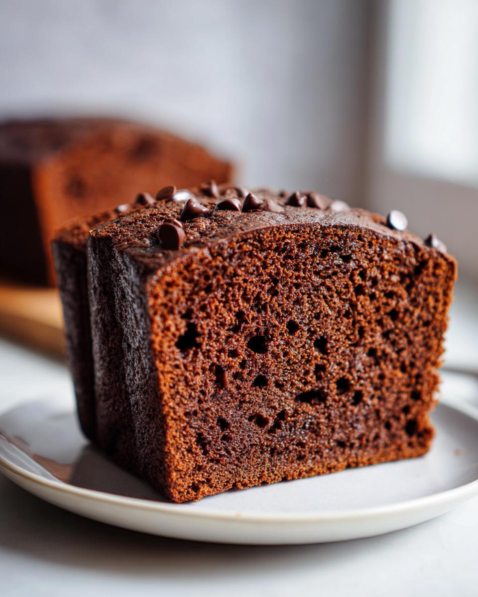 Close-up of a thick slice of moist chocolate bread topped with chocolate chips, served on a small white plate.