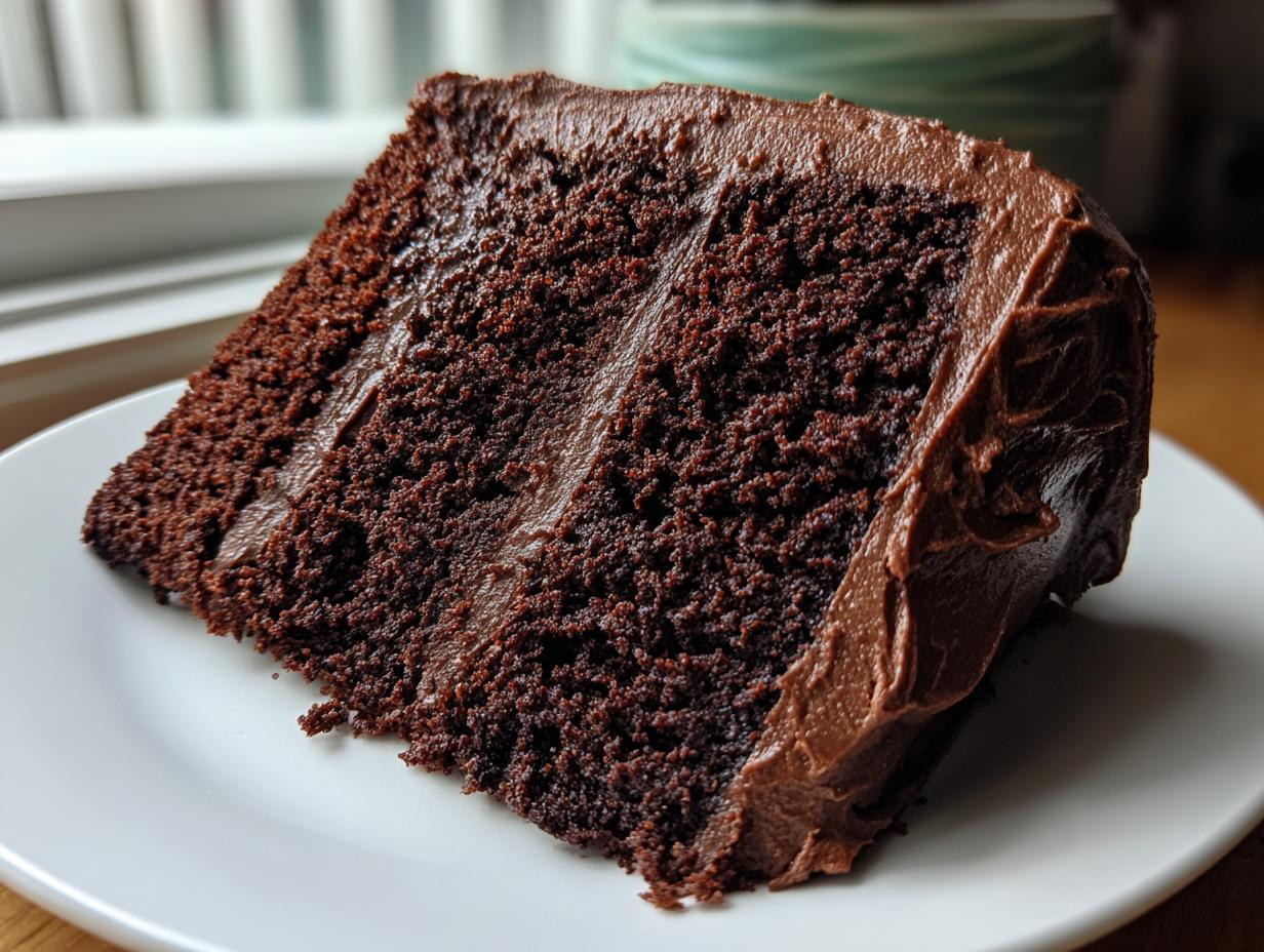 Close-up of a moist slice of homemade chocolate cake layered and covered in rich chocolate frosting.