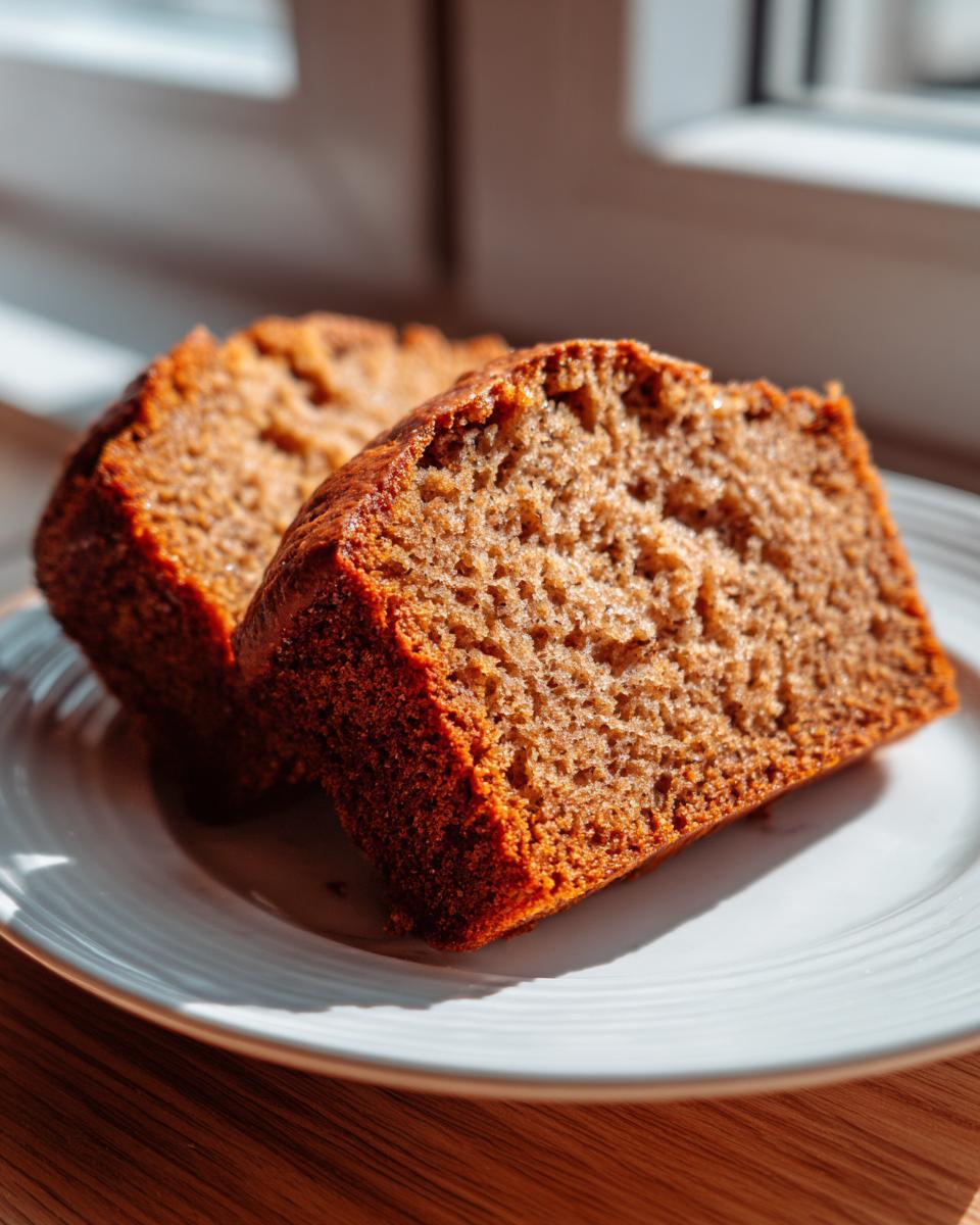 Two thick, moist slices of dark brown banana bread recipe served on a white plate.