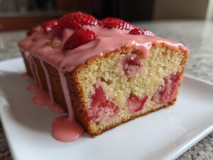 A moist slice of strawberry bread topped with pink glaze and fresh strawberries.