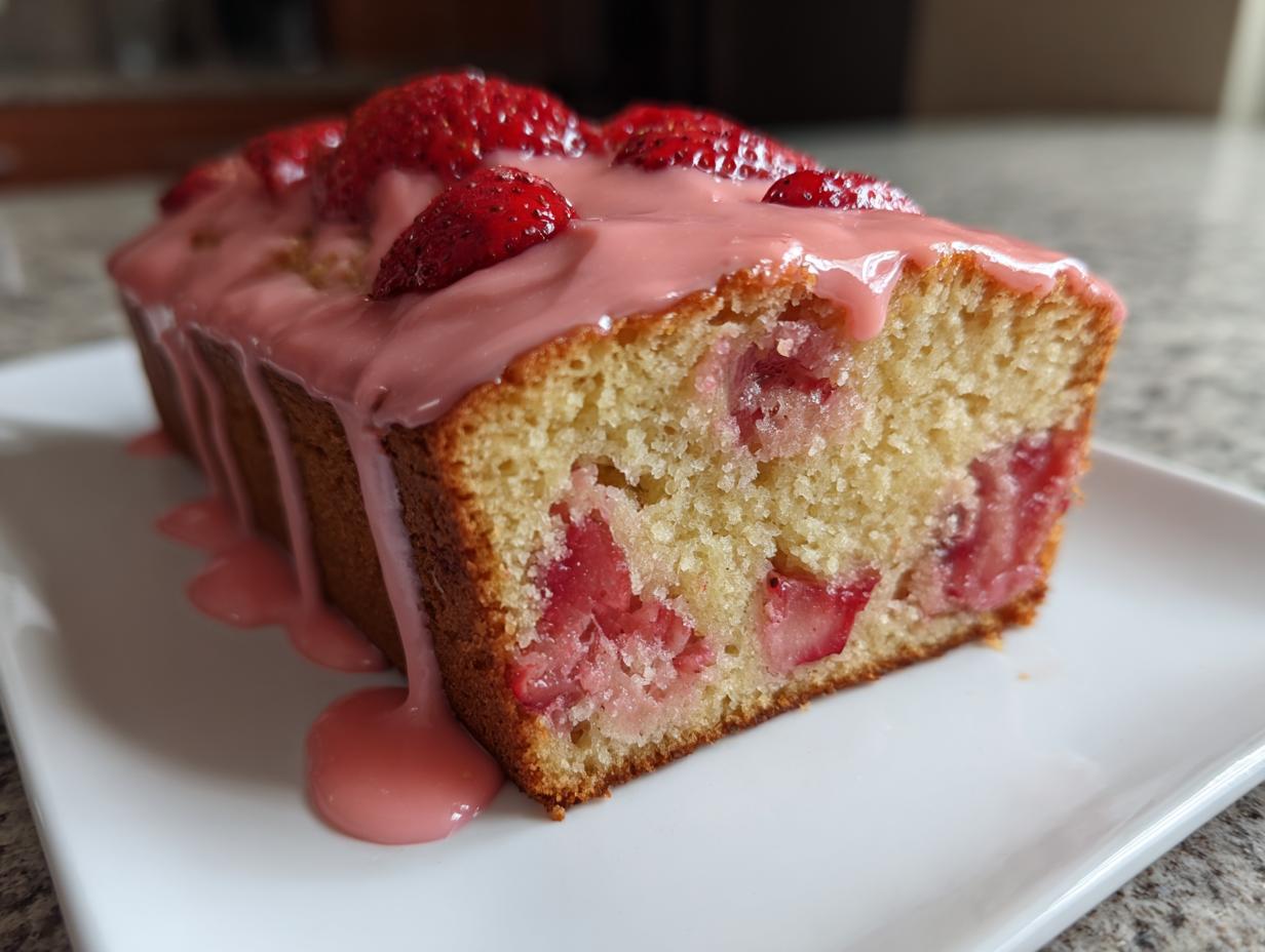 A moist slice of strawberry bread topped with pink glaze and fresh strawberries.