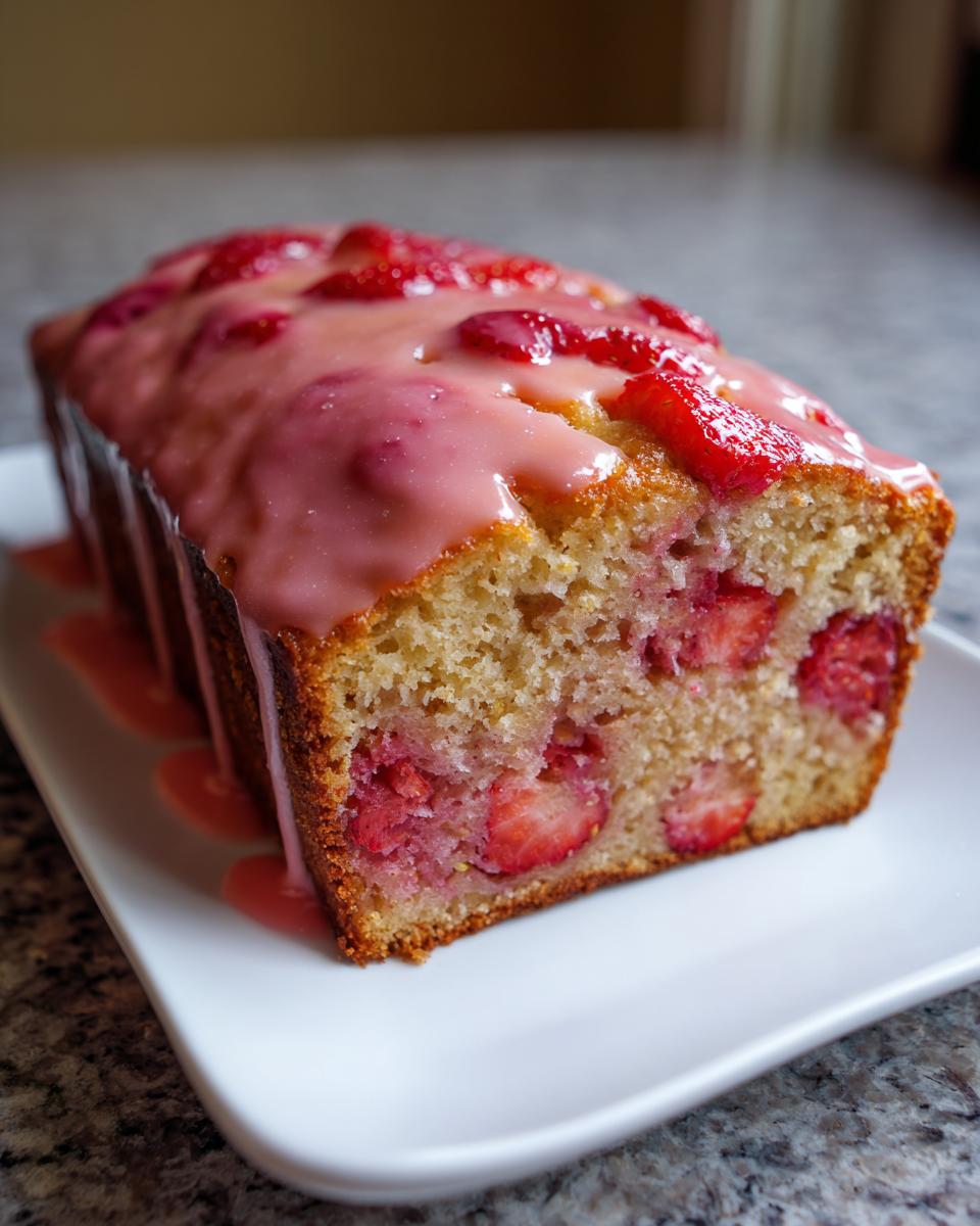 A freshly baked loaf of moist strawberry bread topped with pink glaze and sliced strawberries.