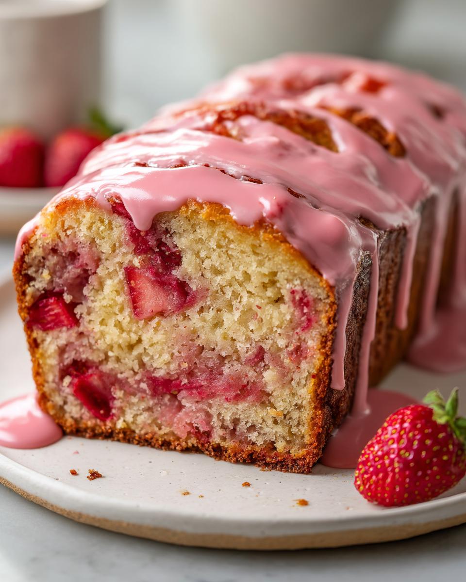 Close-up of a slice of moist strawberry bread topped with thick pink glaze, featuring visible strawberry pieces inside.