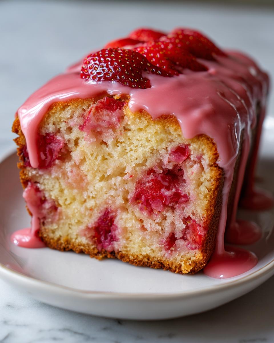 Close-up of a slice of moist strawberry bread, studded with berries and topped with thick pink glaze and fresh strawberries.