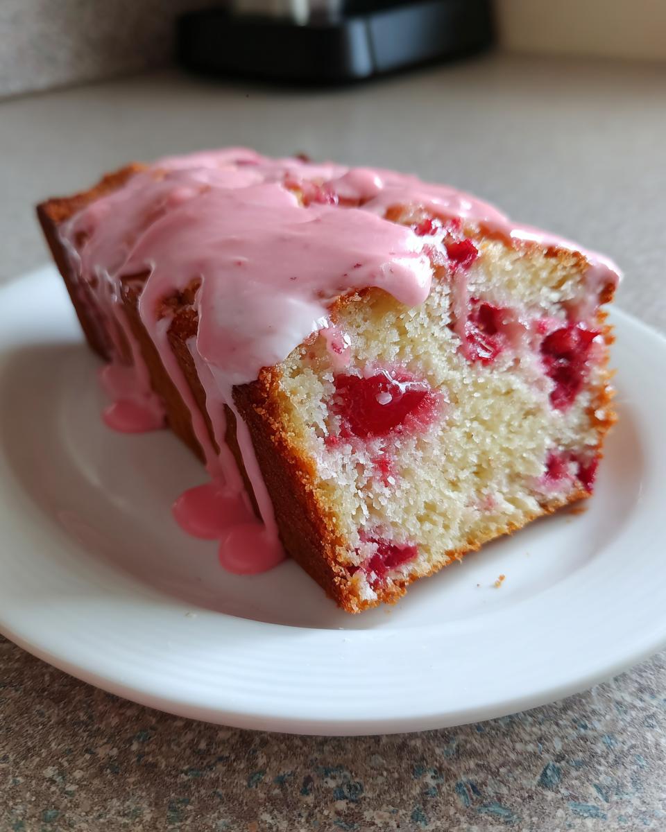 Close-up of a slice of moist strawberry bread with visible fruit chunks and a thick pink glaze dripping down the side.