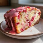 A close-up slice of moist strawberry bread studded with fruit and topped with dripping pink strawberry glaze.