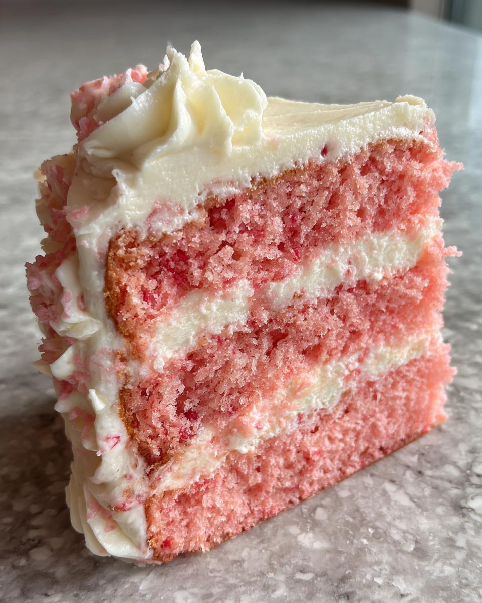 Close-up of a moist slice of pink strawberry cake layered with white frosting.