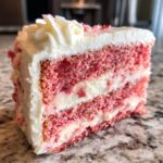 Close-up of a moist slice of strawberry cake with pink layers and white filling, topped with frosting.