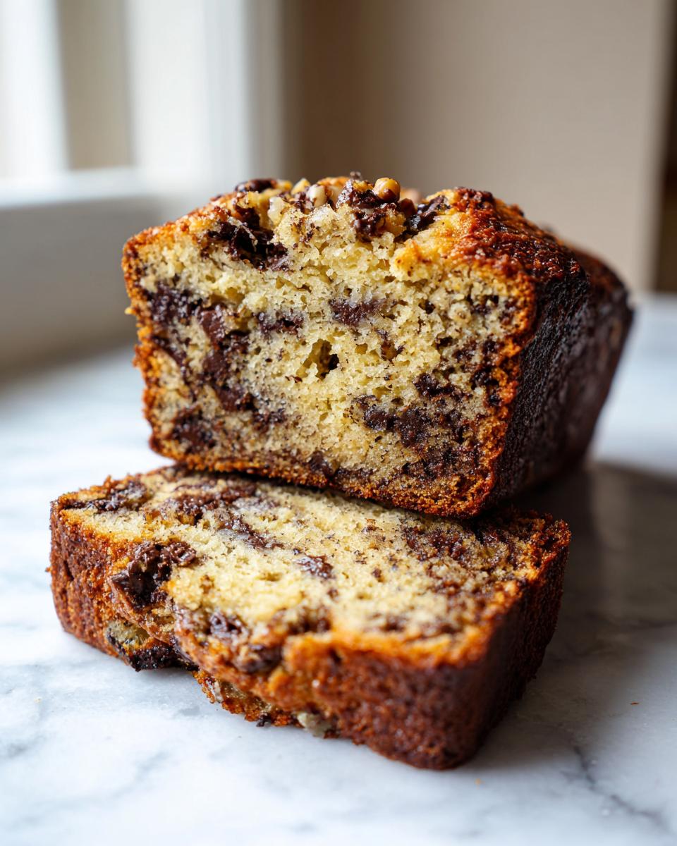 Close-up of moist vegan banana bread with chocolate chips, showing two stacked slices.