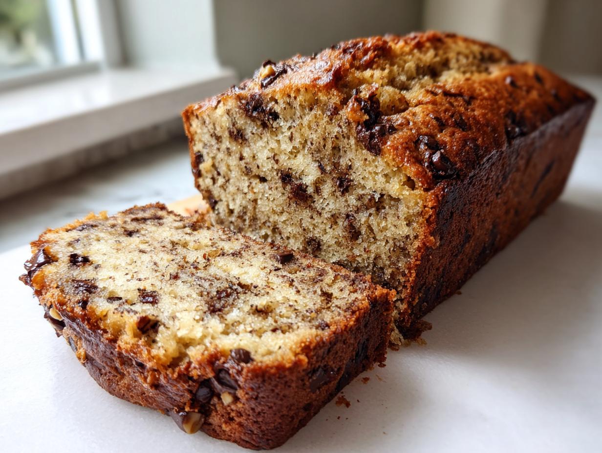 A moist loaf of chocolate chip vegan banana bread, with one slice cut and resting beside the main loaf.