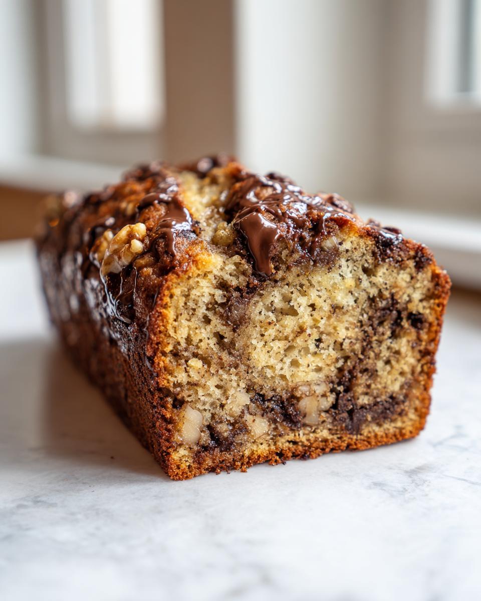 Close-up of a moist vegan banana bread loaf with chocolate swirl and walnuts on top.
