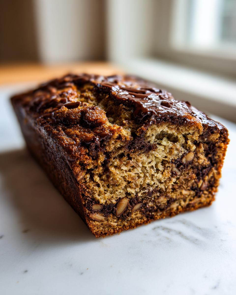A close-up of a moist vegan banana bread loaf with visible chocolate swirls and nuts, drizzled with melted chocolate.