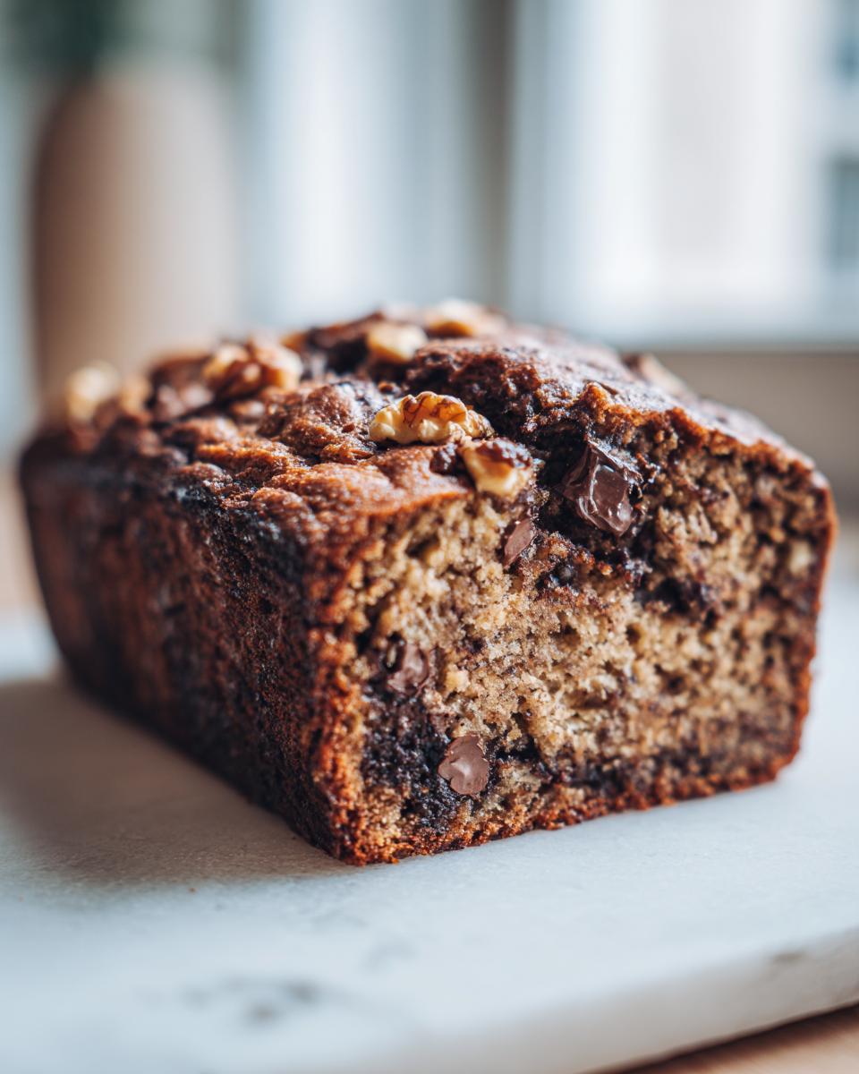 Close-up of a moist vegan banana bread loaf topped with walnuts and chocolate chips.