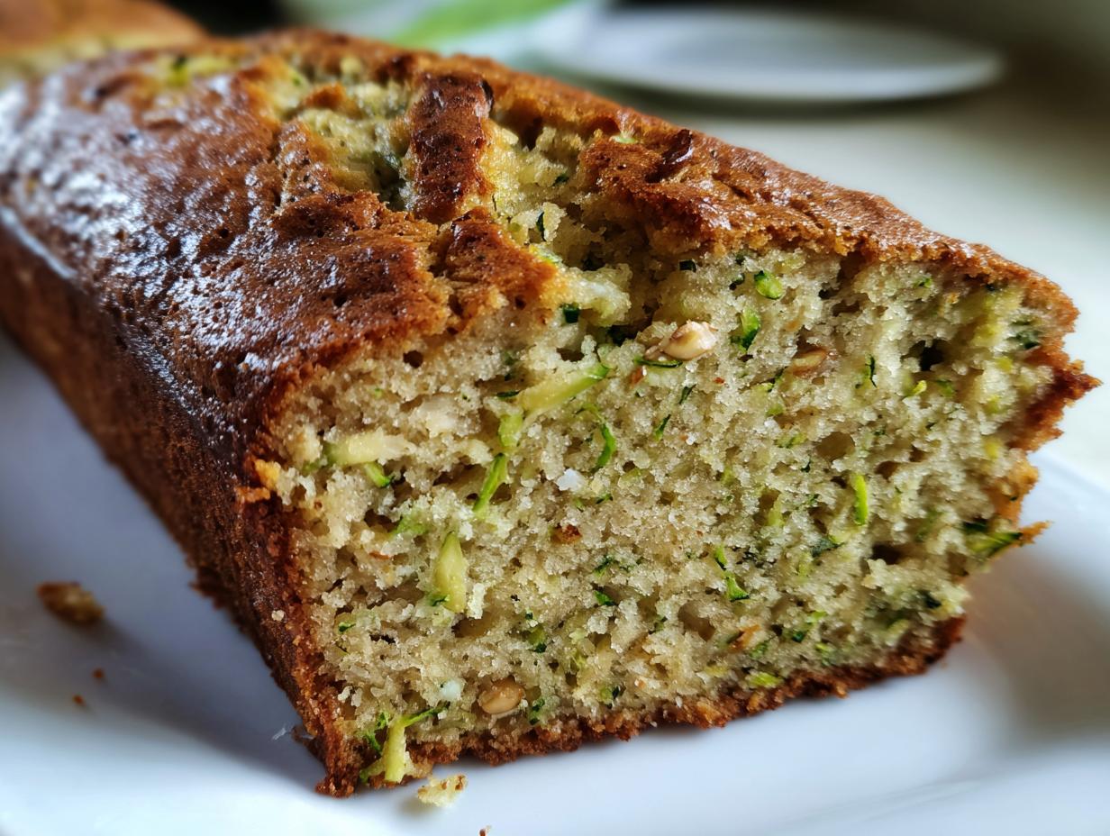 Close-up of a moist zucchini banana bread loaf showing the soft crumb texture and shredded zucchini pieces.