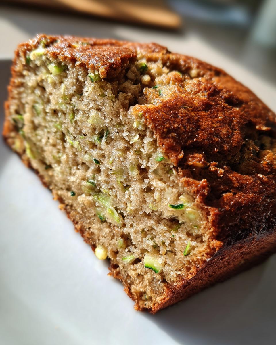 Close-up of a moist slice of zucchini banana bread showing shredded zucchini pieces throughout the crumb.