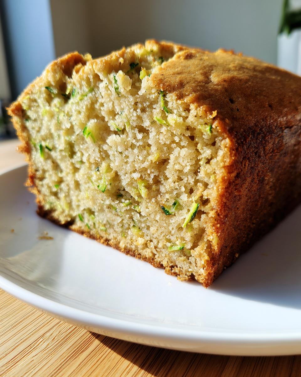 Close-up of a moist slice of zucchini banana bread showing visible shreds of green zucchini in the crumb.