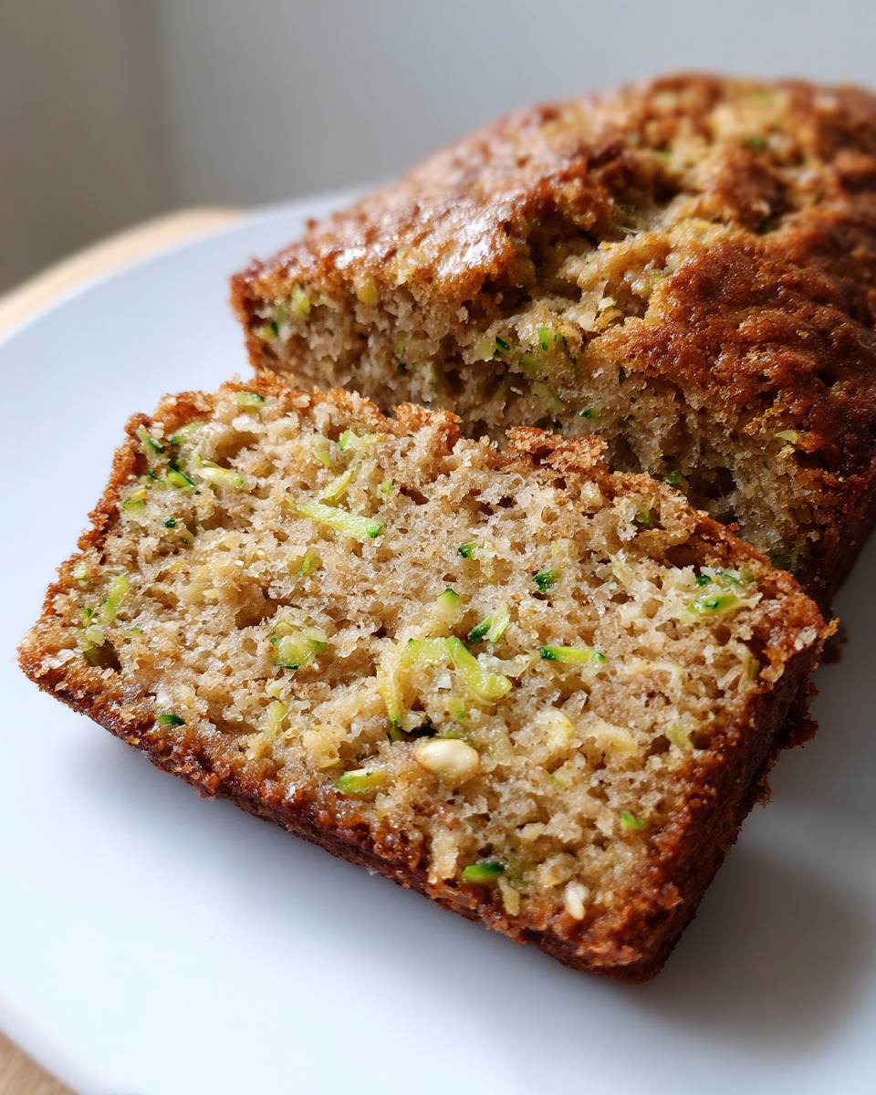 Close-up of a moist slice of zucchini banana bread showing shredded zucchini throughout the crumb.