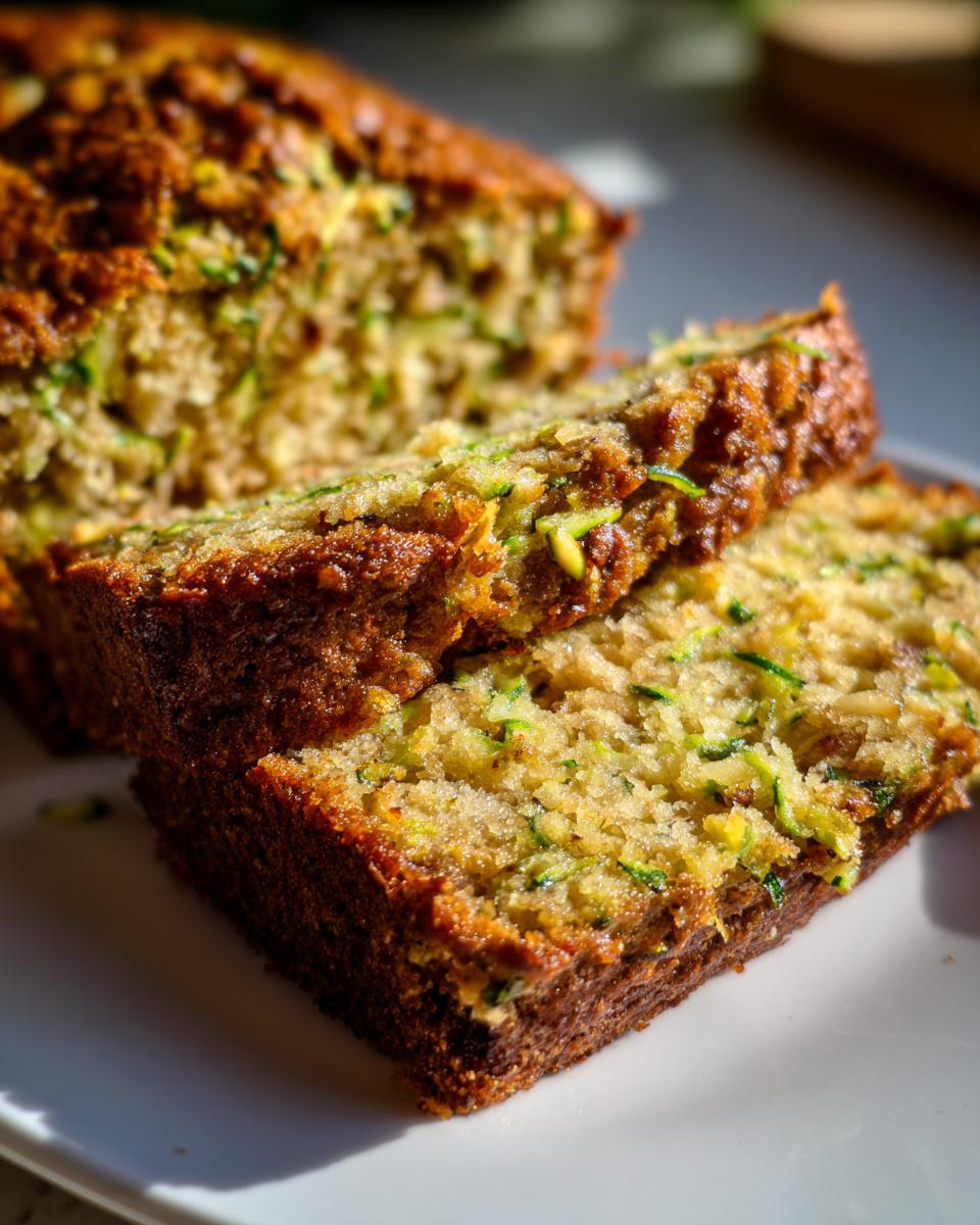 Close-up of two thick slices of moist zucchini banana bread showing visible shredded zucchini.