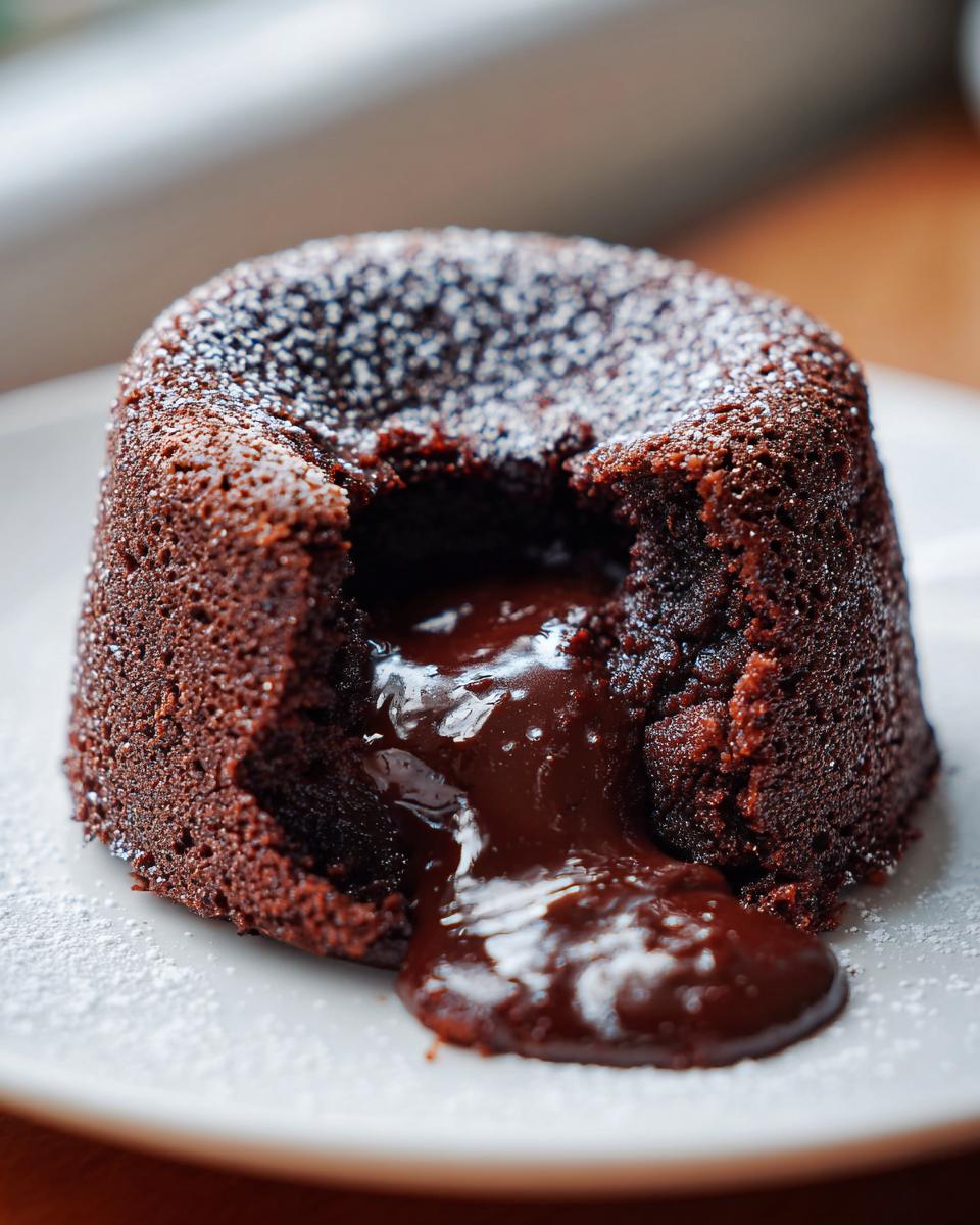 Close-up of a warm chocolate lava cake with molten center oozing out, dusted with powdered sugar.
