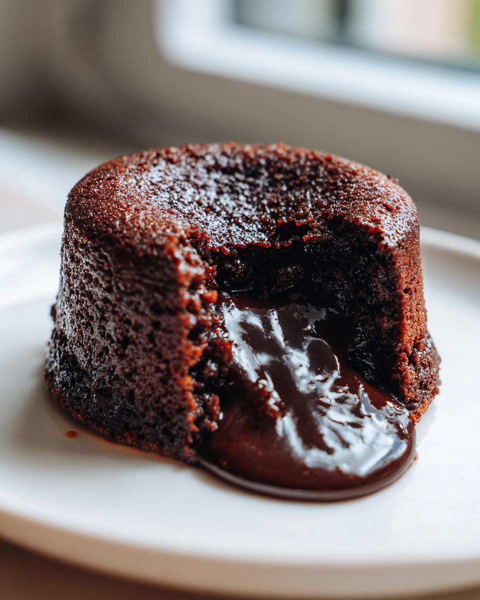 Close-up of a rich chocolate lava cake with molten center oozing onto a white plate.