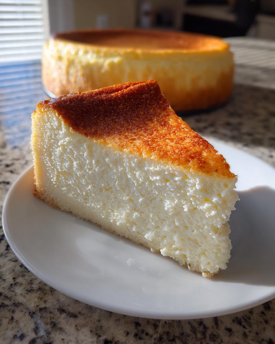 A thick slice of creamy New York cheesecake with a deeply caramelized top sits on a white plate, with the rest of the cake blurred in the background.