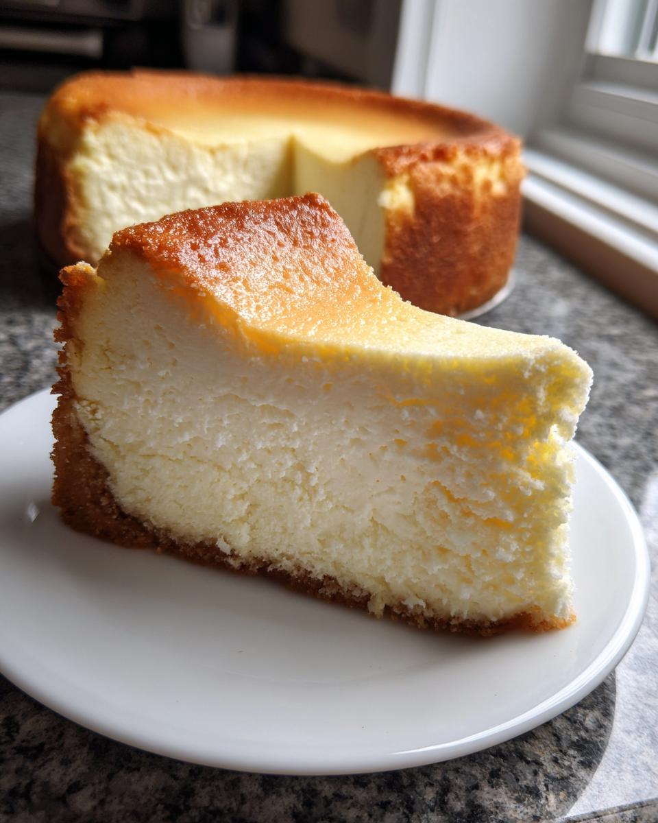A thick, creamy slice of New York cheesecake with a golden-brown top and graham cracker crust, served on a white plate.