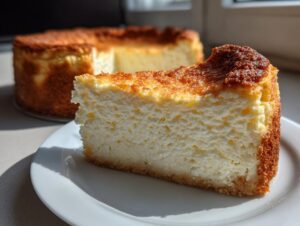 A thick slice of creamy New York Cheesecake with a deeply browned top crust resting on a white plate.