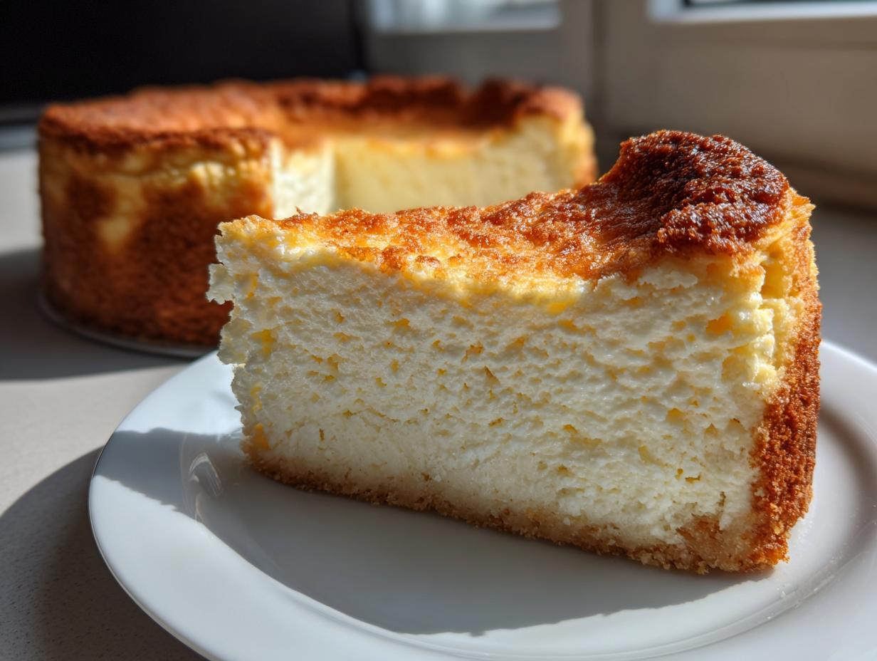 A thick slice of creamy New York Cheesecake with a deeply browned top crust resting on a white plate.
