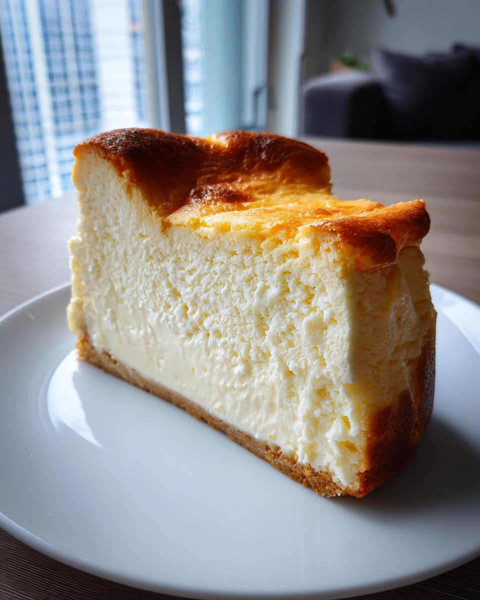 A thick, creamy slice of New York cheesecake with a golden-brown, slightly risen top, served on a white plate.