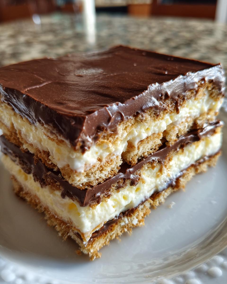 A thick, layered slice of no bake eclair cake showing graham crackers, vanilla cream, and chocolate frosting.