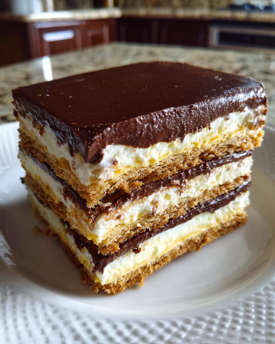 A tall, layered slice of no bake eclair cake featuring graham crackers, vanilla cream, and a thick chocolate ganache topping.