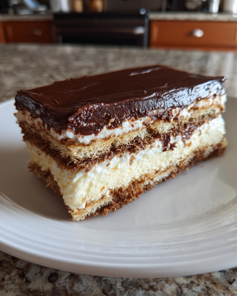 A layered slice of no bake eclair cake featuring graham crackers, creamy filling, and rich chocolate frosting.