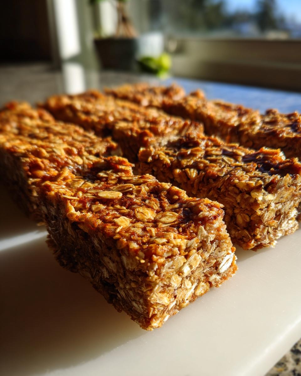 Close-up of several rectangular no bake granola bars made with oats, sitting on a white surface in bright sunlight.