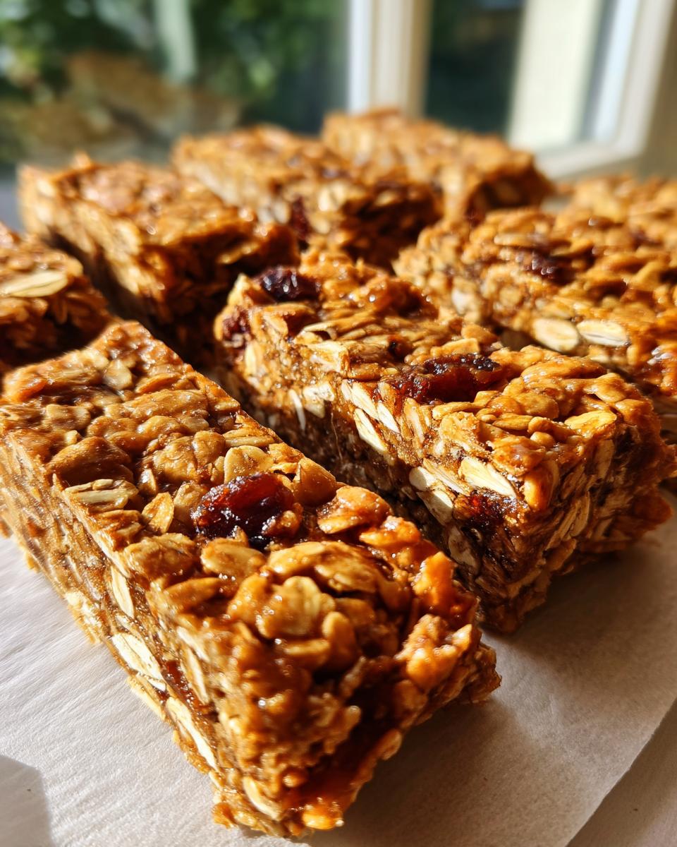 Close-up of several chewy no bake granola bars packed with oats and dried fruit, ready to eat.