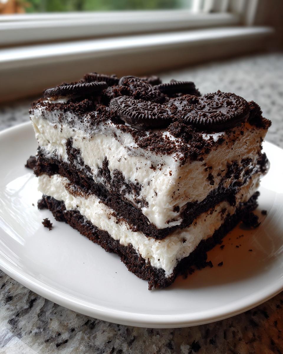 A thick slice of no bake oreo pie showing alternating layers of dark chocolate cookie crust and white cream filling, topped with whole and crushed Oreos.
